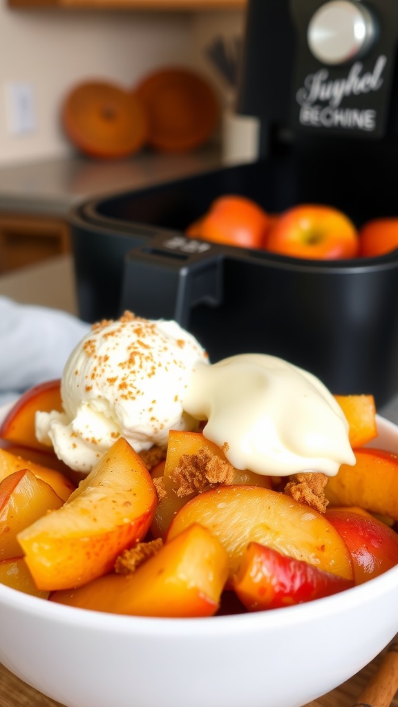 A bowl of cinnamon apples with ice cream, set in a cozy kitchen.